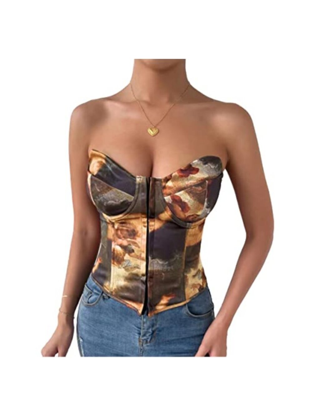 Strapless Floral Print Bustier Corset Top Asymmetrical Hem Boned Tube Top